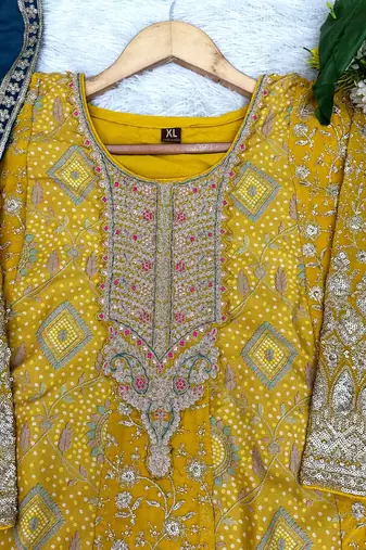 Yellow georgette readymade suit with jacquard print work