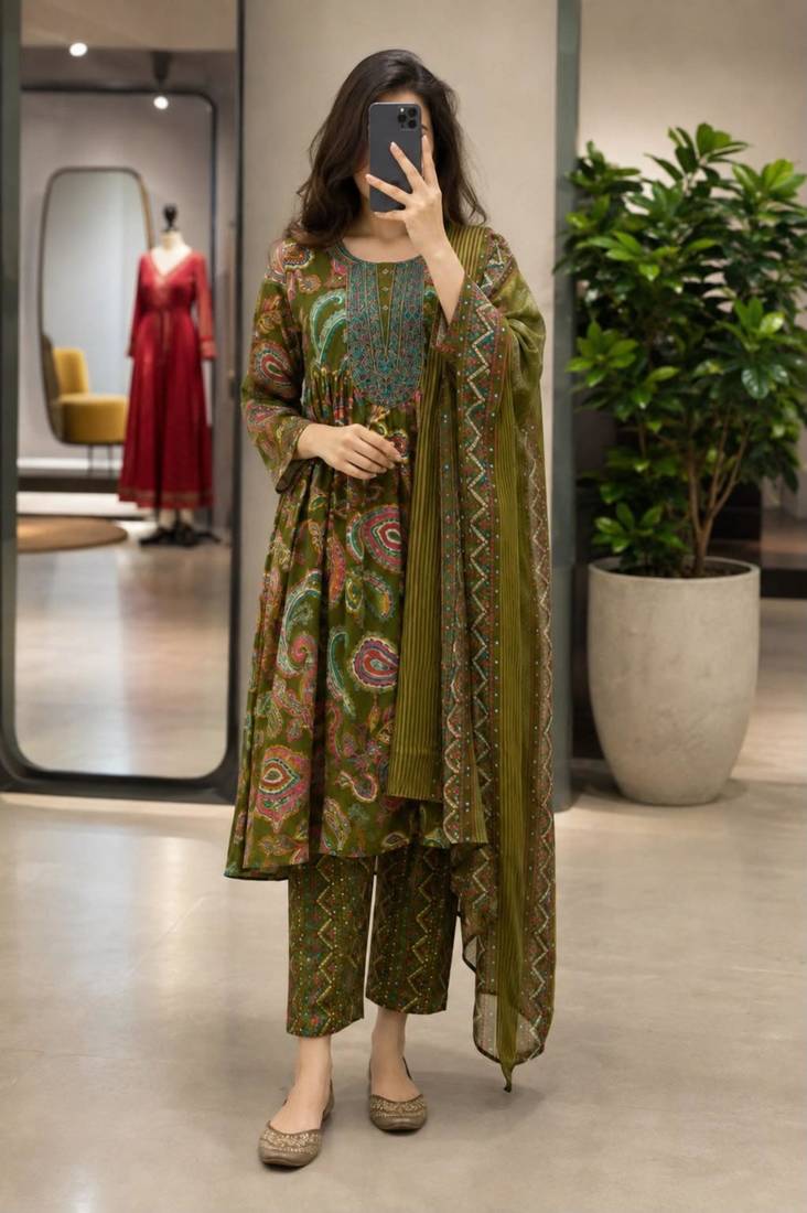 Green silk blend embroidered kurta set