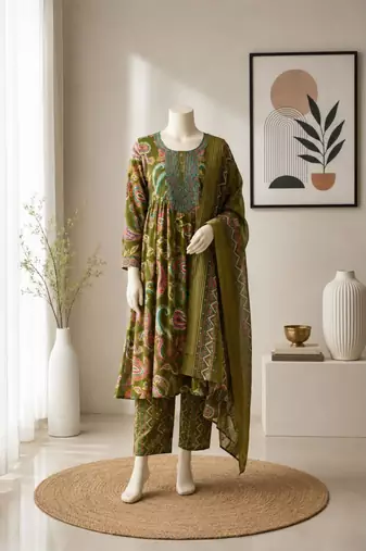 Green silk blend embroidered kurta set