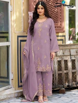 Lavender silk blend readymade suit with beads work 1