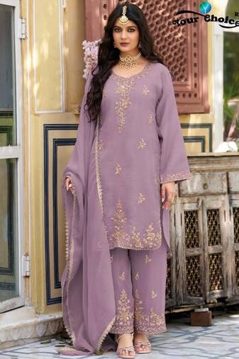 Lavender silk blend readymade suit with beads work