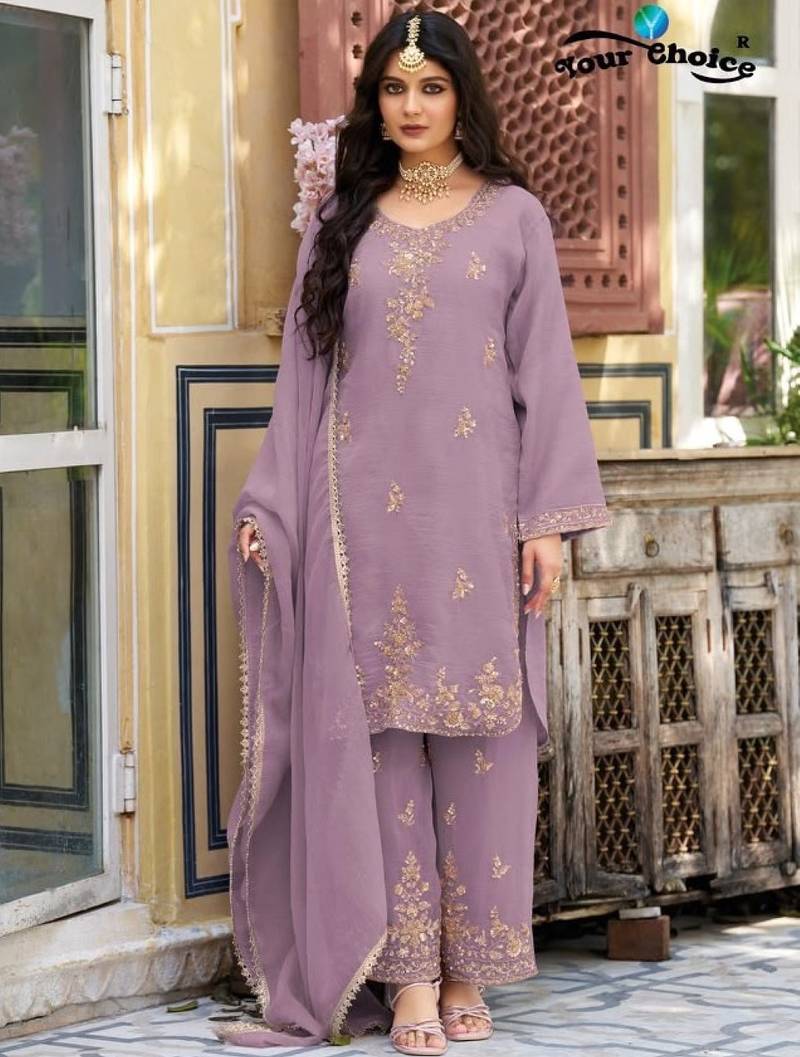 Lavender silk blend readymade suit with beads work
