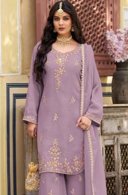Lavender silk blend readymade suit with beads work 2