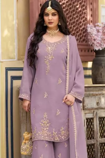 Lavender silk blend readymade suit with beads work