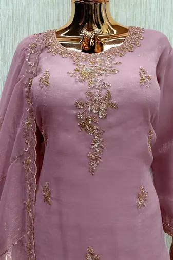 Lavender silk blend readymade suit with beads work