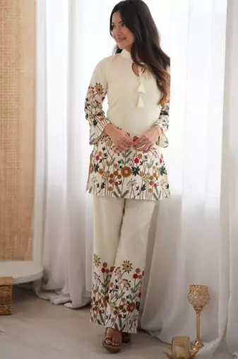 Off-white cotton poly printed kurta set
