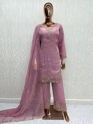 Lavender silk blend readymade suit with beads work 4