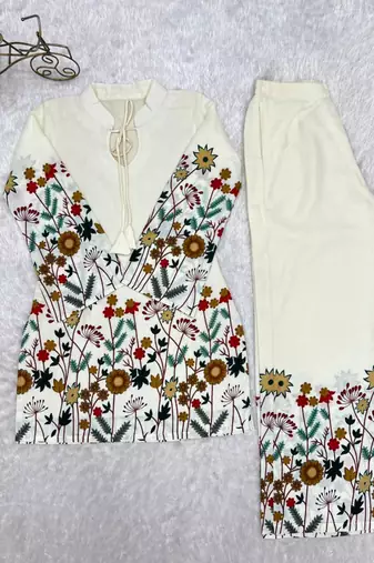 Off-white cotton poly printed kurta set