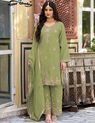 P green silk blend readymade suit with beads work 1