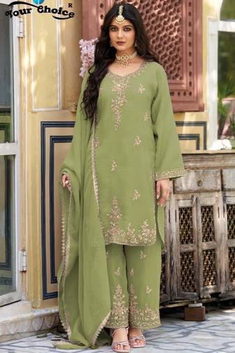 P green silk blend readymade suit with beads work