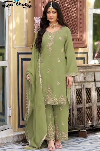 P green silk blend readymade suit with beads work