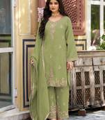 P green silk blend readymade suit with beads work