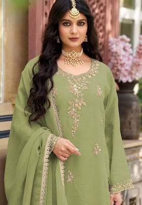 P green silk blend readymade suit with beads work 2