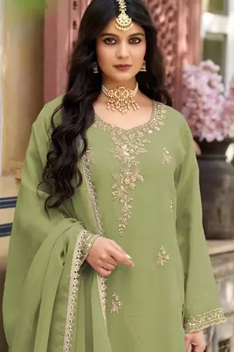 P green silk blend readymade suit with beads work