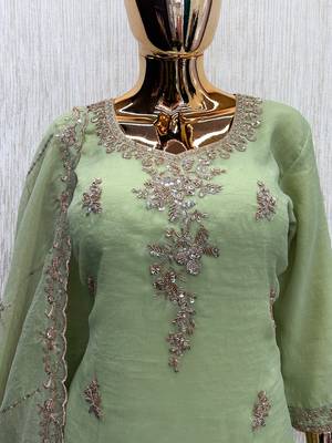 P green silk blend readymade suit with beads work 3