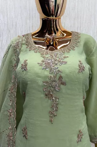 P green silk blend readymade suit with beads work