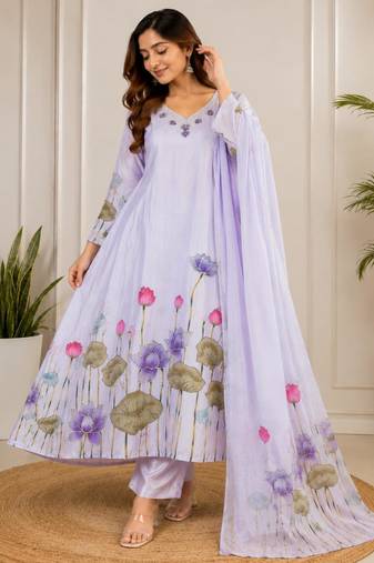 Lavender silk blend embroidered kurta set