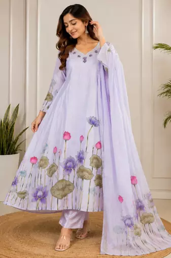 Lavender silk blend embroidered kurta set