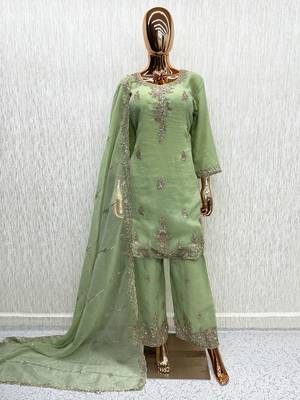 P green silk blend readymade suit with beads work 4