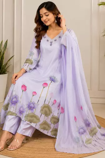 Lavender silk blend embroidered kurta set