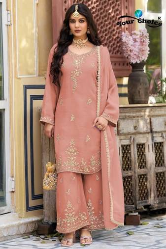 Peach silk blend readymade suit with beads work