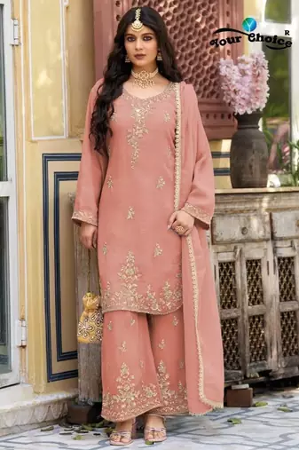 Peach silk blend readymade suit with beads work