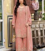 Peach silk blend readymade suit with beads work