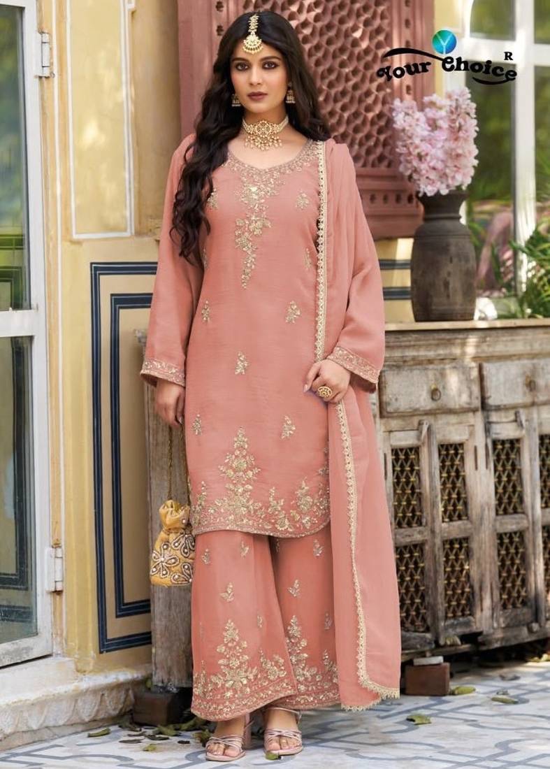 Peach silk blend readymade suit with beads work