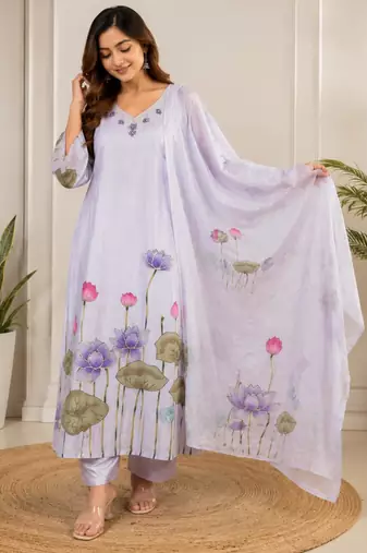 Lavender silk blend embroidered kurta set