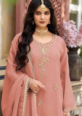 Peach silk blend readymade suit with beads work 2