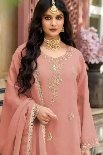 Peach silk blend readymade suit with beads work