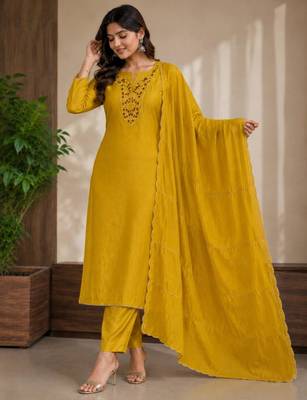 Dark-yellow silk blend embroidered kurta set 1