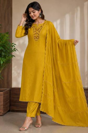 Dark-yellow silk blend embroidered kurta set