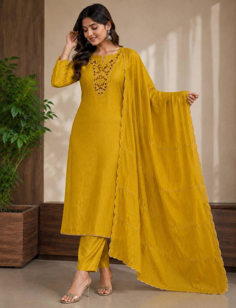 Dark-yellow silk blend embroidered kurta set