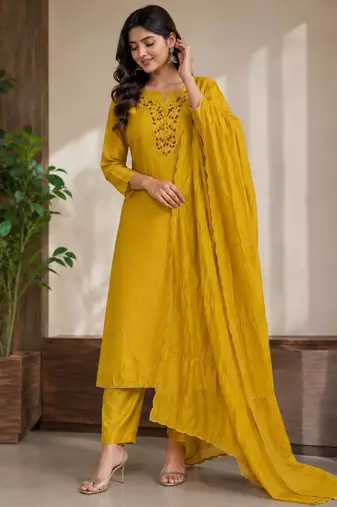 Dark-yellow silk blend embroidered kurta set