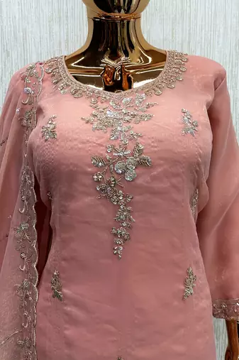 Peach silk blend readymade suit with beads work