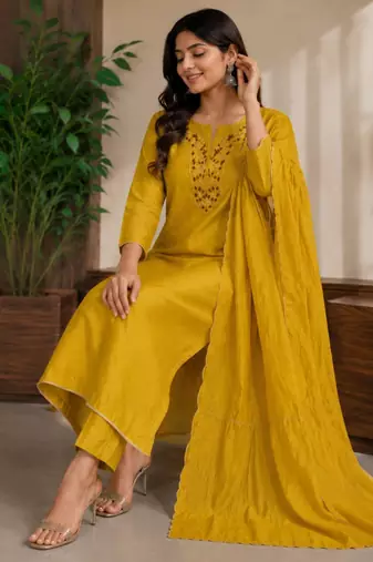 Dark-yellow silk blend embroidered kurta set