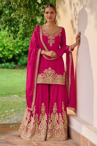Rani pink chinon readymade suit with embroidery work