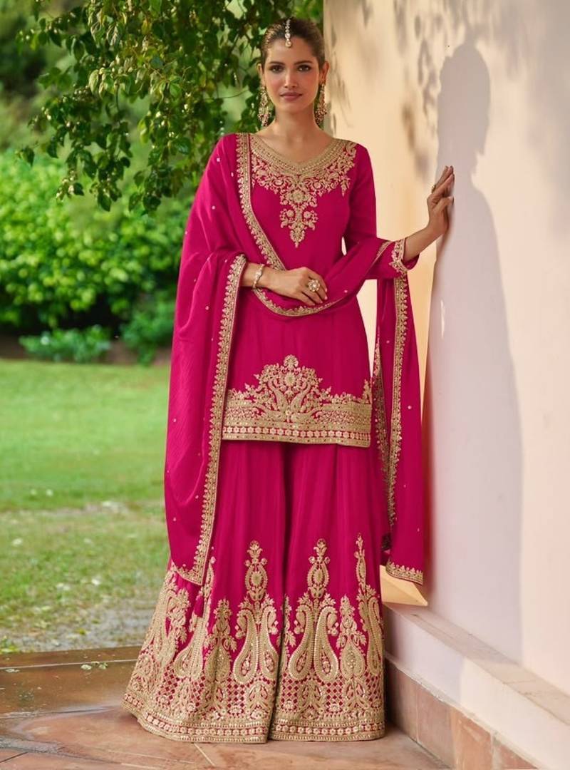 Rani pink chinon readymade suit with embroidery work