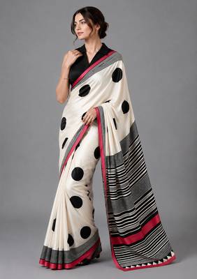 Beige printed satin saree with blouse 3