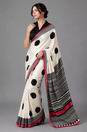 Beige printed satin saree with blouse
