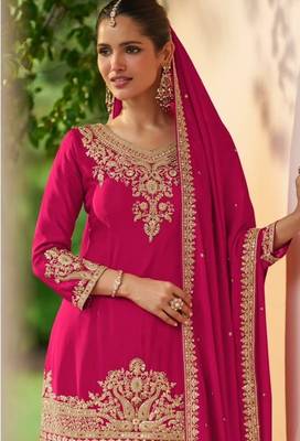 Rani pink chinon readymade suit with embroidery work 2