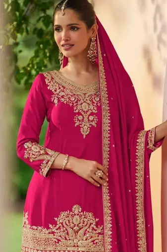 Rani pink chinon readymade suit with embroidery work