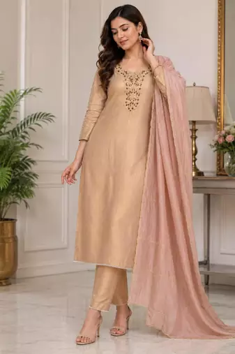 Gold silk blend embroidered kurta set