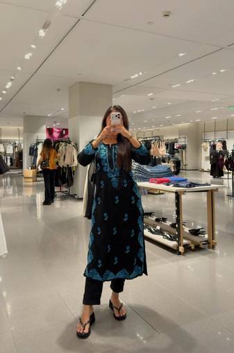 Black silk blend embroidered kurta set