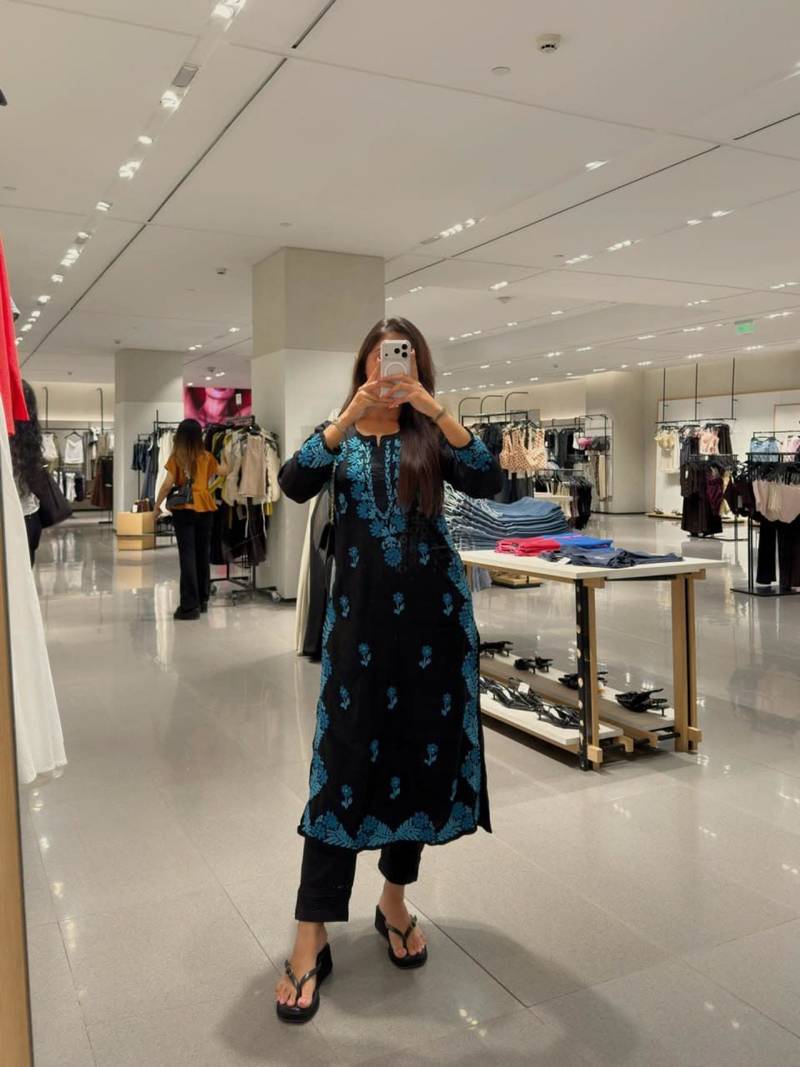 Black silk blend embroidered kurta set