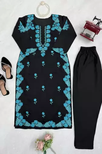 Black silk blend embroidered kurta set