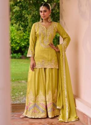 Yellow chinon readymade suit with embroidery work 1