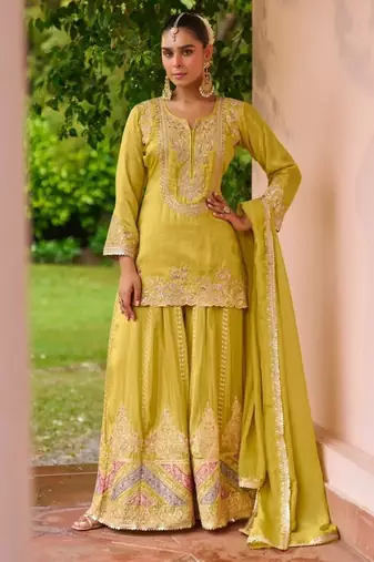 Yellow chinon readymade suit with embroidery work