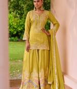 Yellow chinon readymade suit with embroidery work